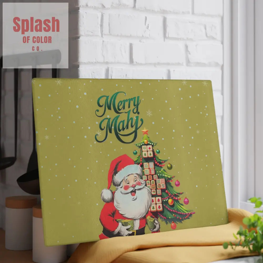 Mahjong Christmas Glass Cutting Board with Whimsical Santa Claus Design And Festive Mahjong Tree Home Decor