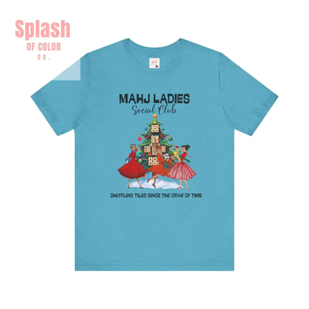 Mahjong Christmas Ladies Festive Funny Tee Holiday Shirt Mahjong Social Club Tee Gift for Gamers Heather Aqua / S T