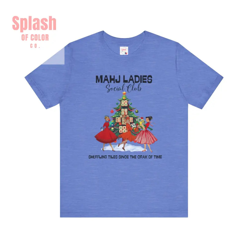Mahjong Christmas Ladies Festive Funny Tee Holiday Shirt Mahjong Social Club Tee Gift for Gamers Heather Columbia Blue