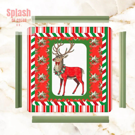 Mahjong Christmas Mat, Majestic Reindeer, Green Red Candy Cane Striped Seasonal Mat - Splash of Color co.