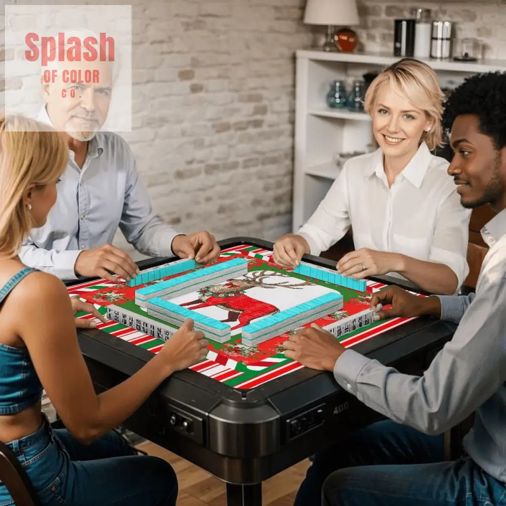 Mahjong Christmas Mat, Majestic Reindeer, Green Red Candy Cane Striped Seasonal Mat - Splash of Color co.