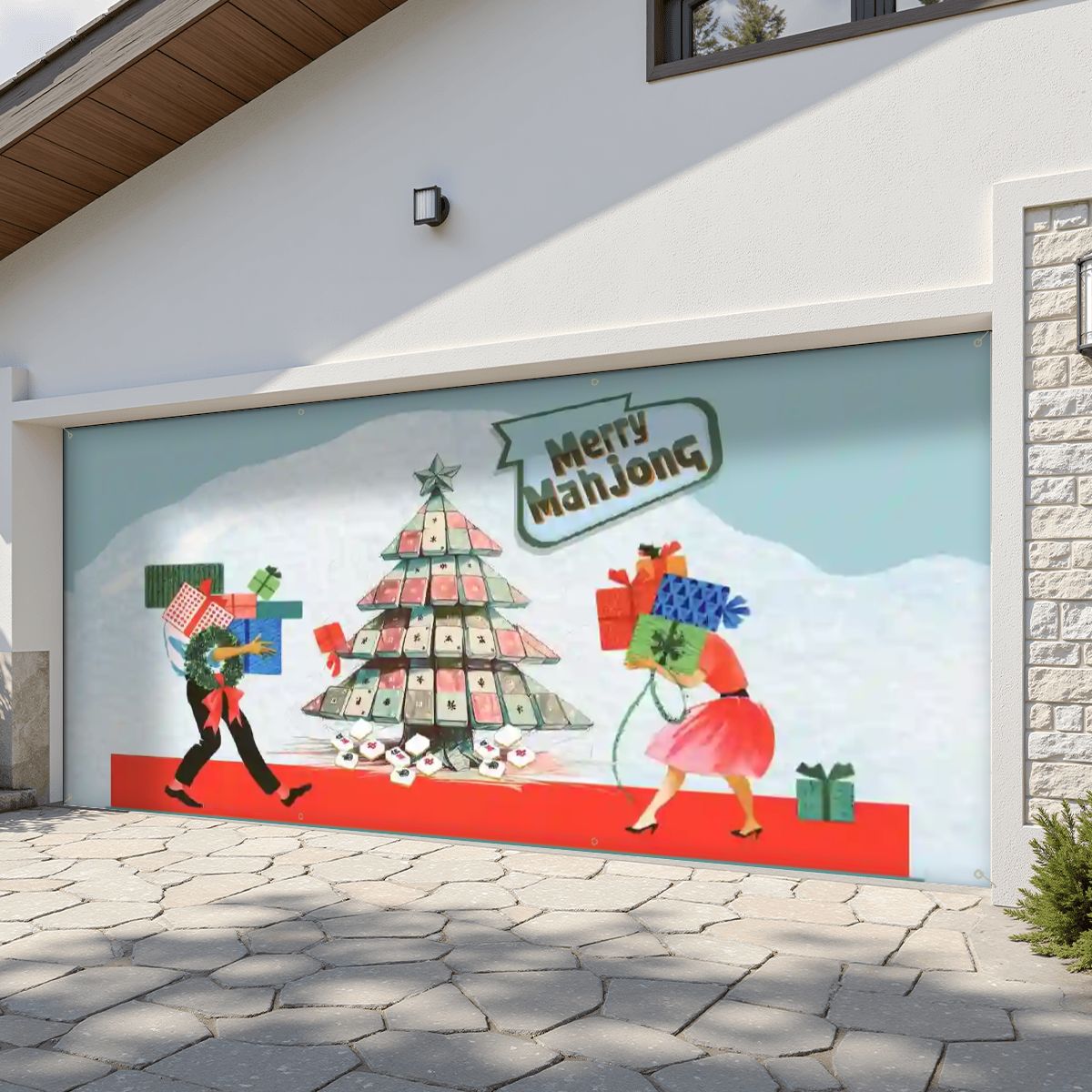 Mahjong Christmas Merry Mahjong Festive Vintage Holiday Garage Door Banner Backdrop - 158’’x70’’ - Home Accessories