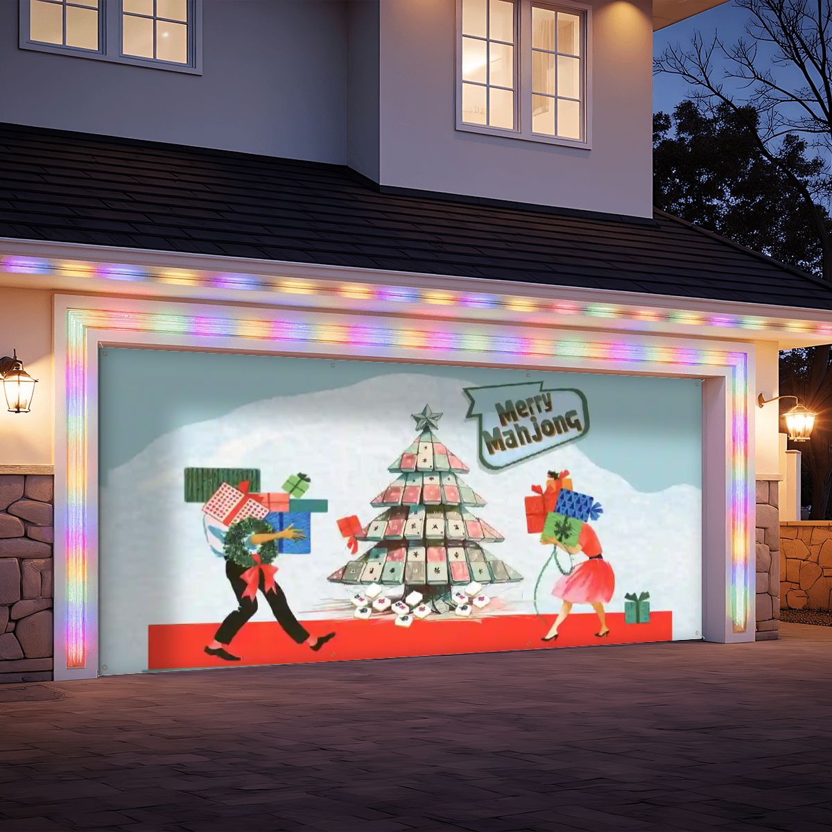 Mahjong Christmas Merry Mahjong Festive Vintage Holiday Garage Door Banner Backdrop - 158’’x70’’ - Home Accessories