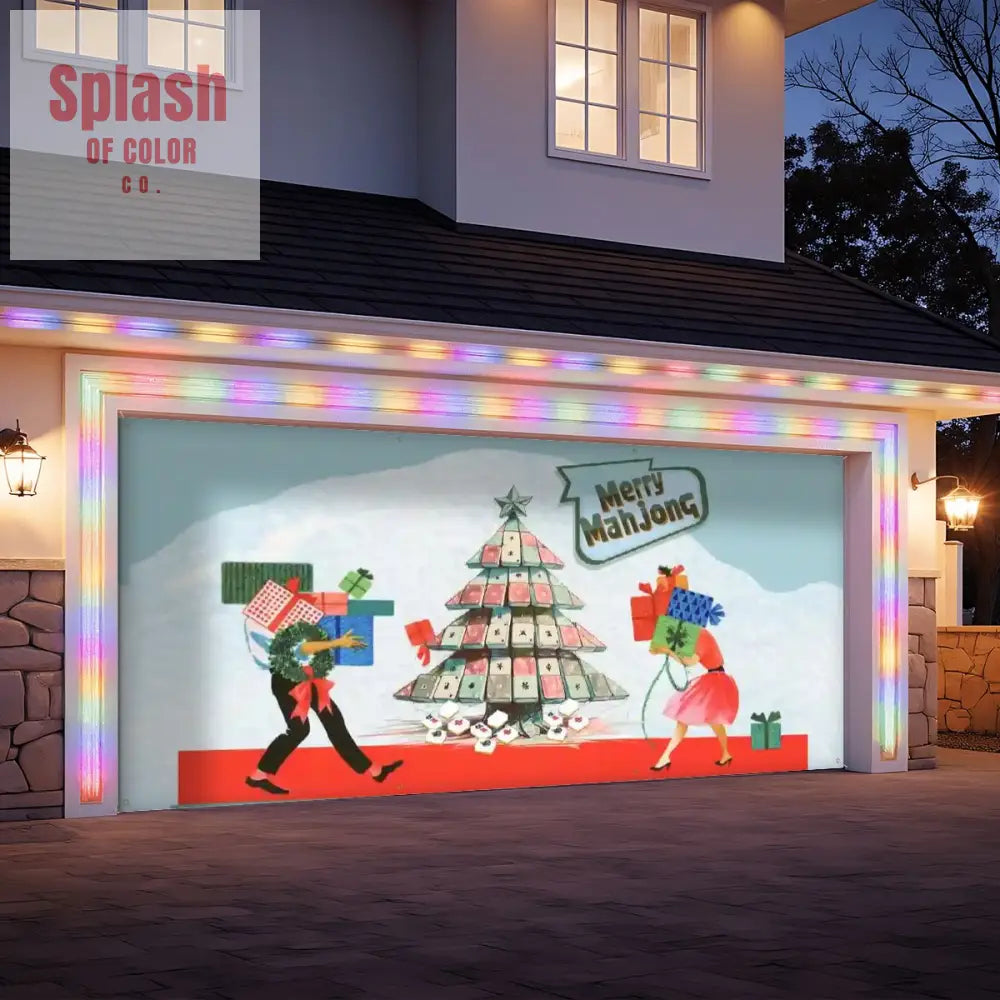 Mahjong Christmas Merry Mahjong Festive Vintage Holiday Garage Door Banner Backdrop - 158’’x70’’ - Home Accessories