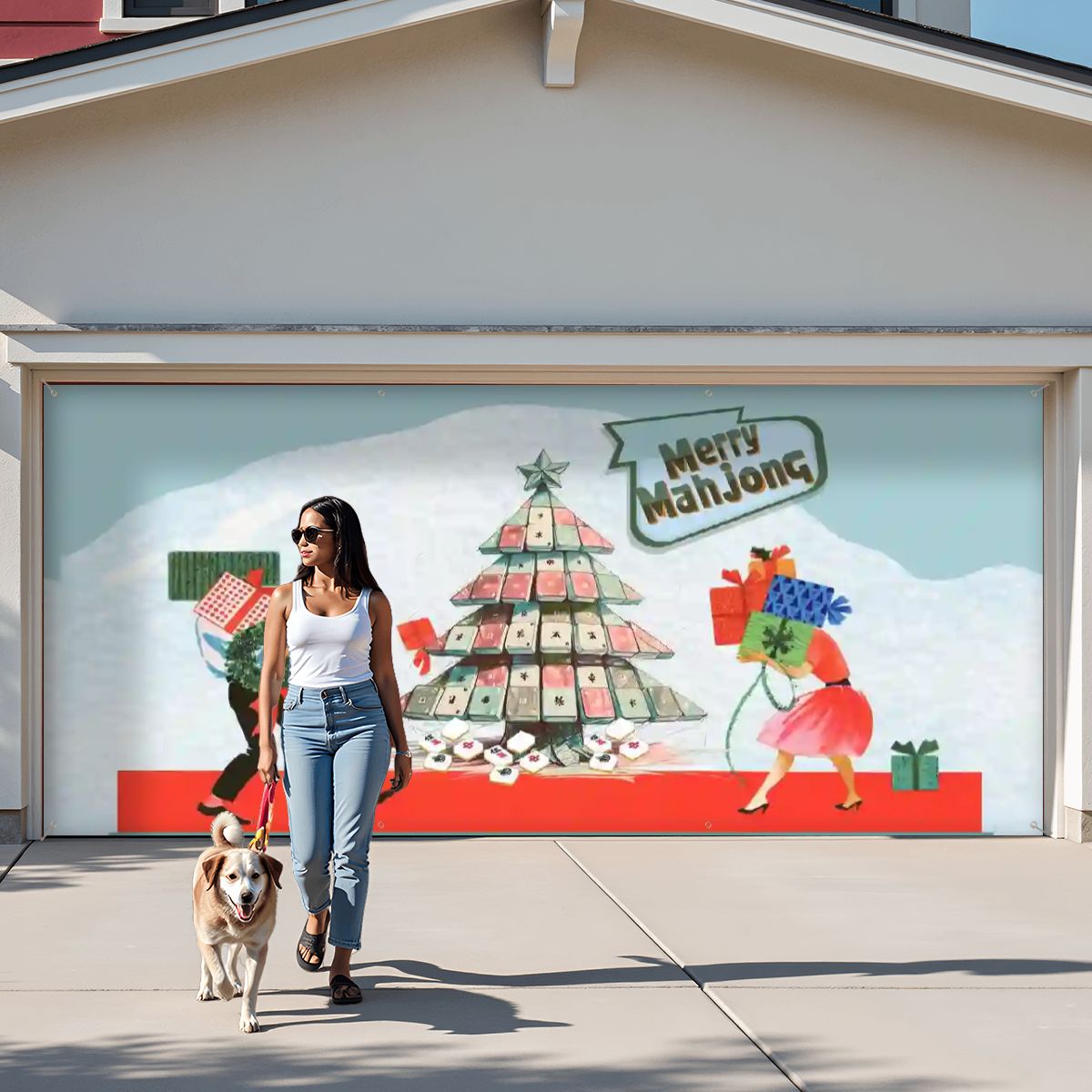 Mahjong Christmas Merry Mahjong Festive Vintage Holiday Garage Door Banner Backdrop - 158’’x70’’ - Home Accessories