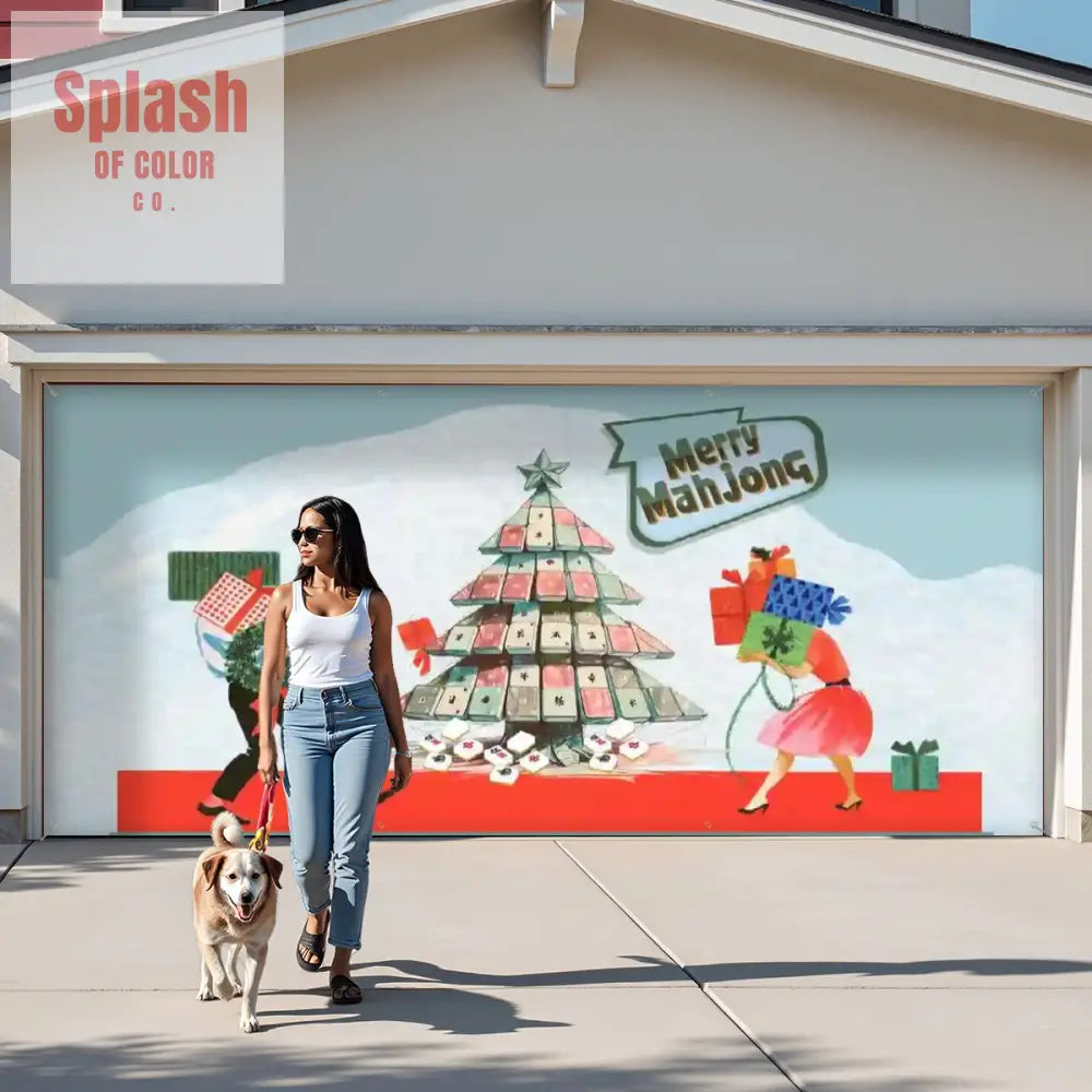 Mahjong Christmas Merry Mahjong Festive Vintage Holiday Garage Door Banner Backdrop - 158’’x70’’ - Home Accessories