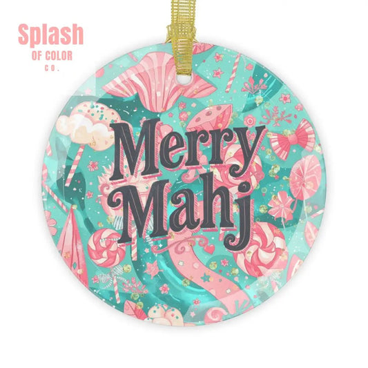 Mahjong Christmas Whimsical Glass Ornament Merry Mahj Holiday Cheer, Pink Candy Theme - Splash of Color co.