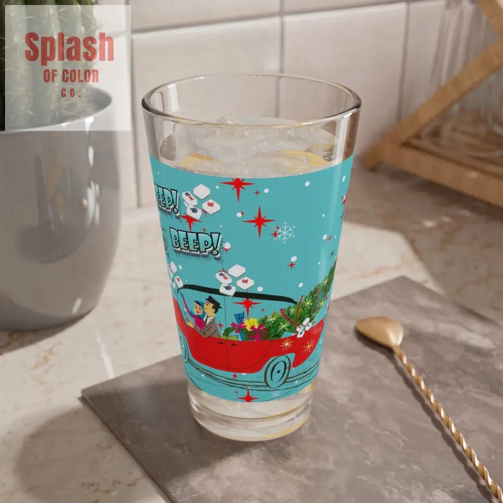 Mahjong Cocktail Shaker Drinking Glass Mahjong Christmas VintageHoliday Mixing Glass - ’Beep Beep! Deck the Halls!’