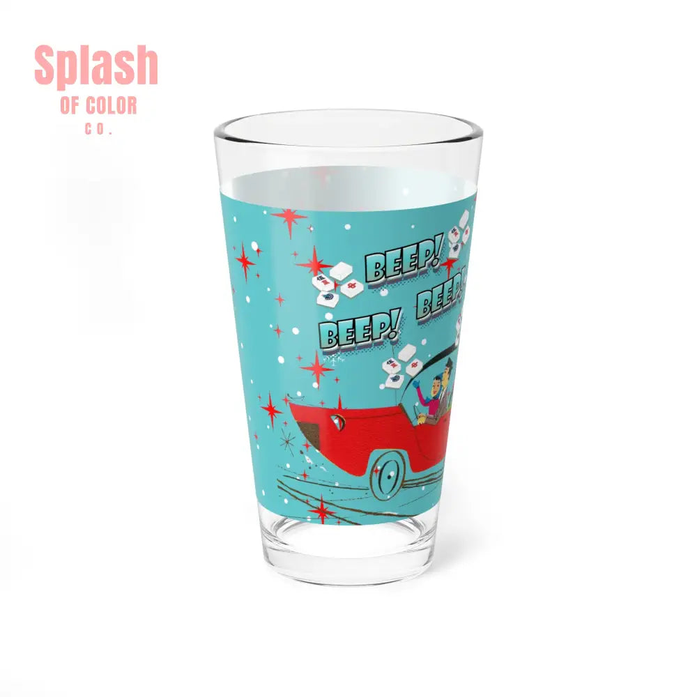 Mahjong Cocktail Shaker Drinking Glass Mahjong Christmas VintageHoliday Mixing Glass - ’Beep Beep! Deck the Halls!’