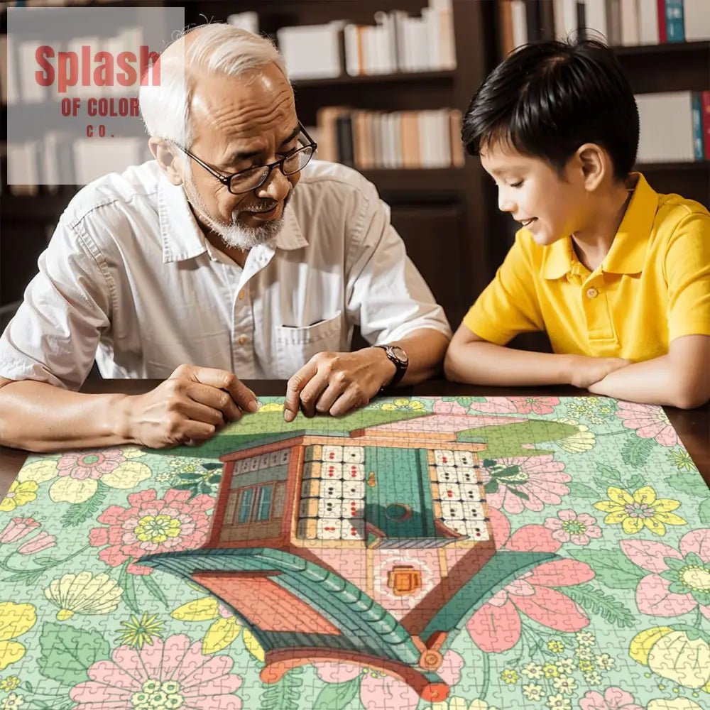 Mahjong Cottage Tile House Floral Fun Wooden Jigsaw Puzzles 1000 pcs - Splash of Color co.