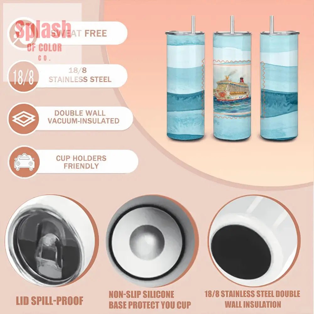 Mahjong Cruise Ship, Set Sail Wavy Blue 20oz Straight Stainless Steel Tumbler with Straw - Splash of Color co.