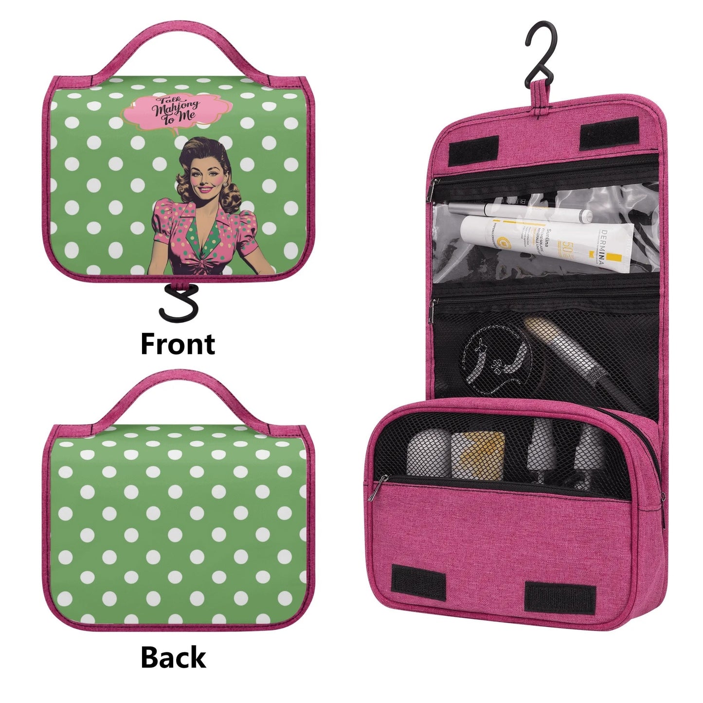 Mahjong Gift Toiletry Cosmetic Travel Bag Green White Polka Dot Talk Mahjong