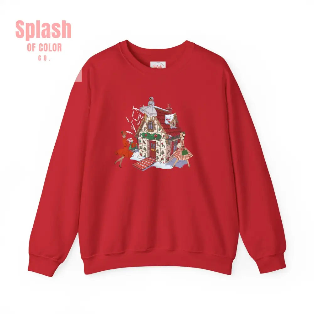Mahjong Holiday Crewneck Sweatshirt Whimsical Mahj Tile House Design And Vintage Ladies S / Red Sweatshirt