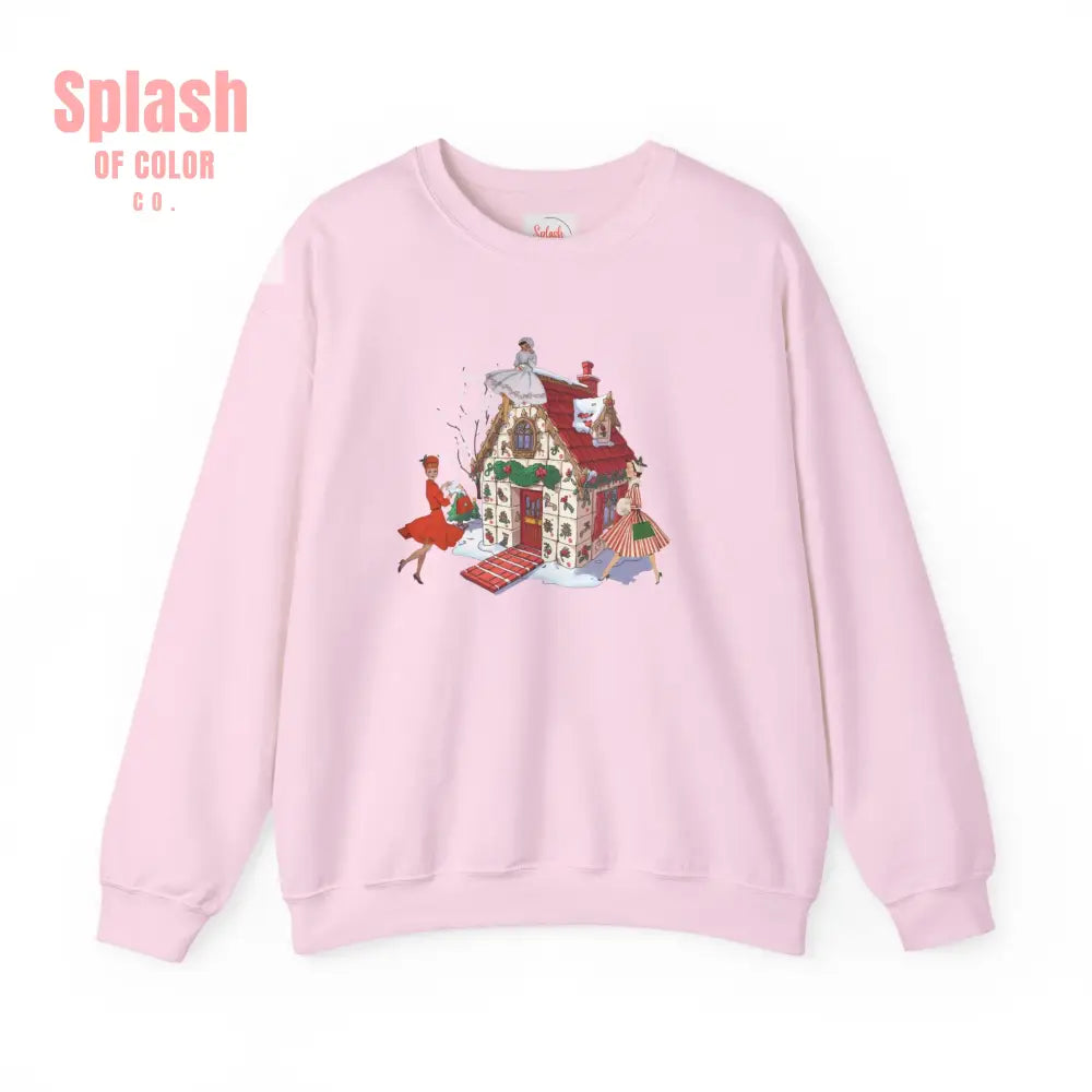 Mahjong Holiday Crewneck Sweatshirt Whimsical Mahj Tile House Design And Vintage Ladies S / Light Pink Sweatshirt