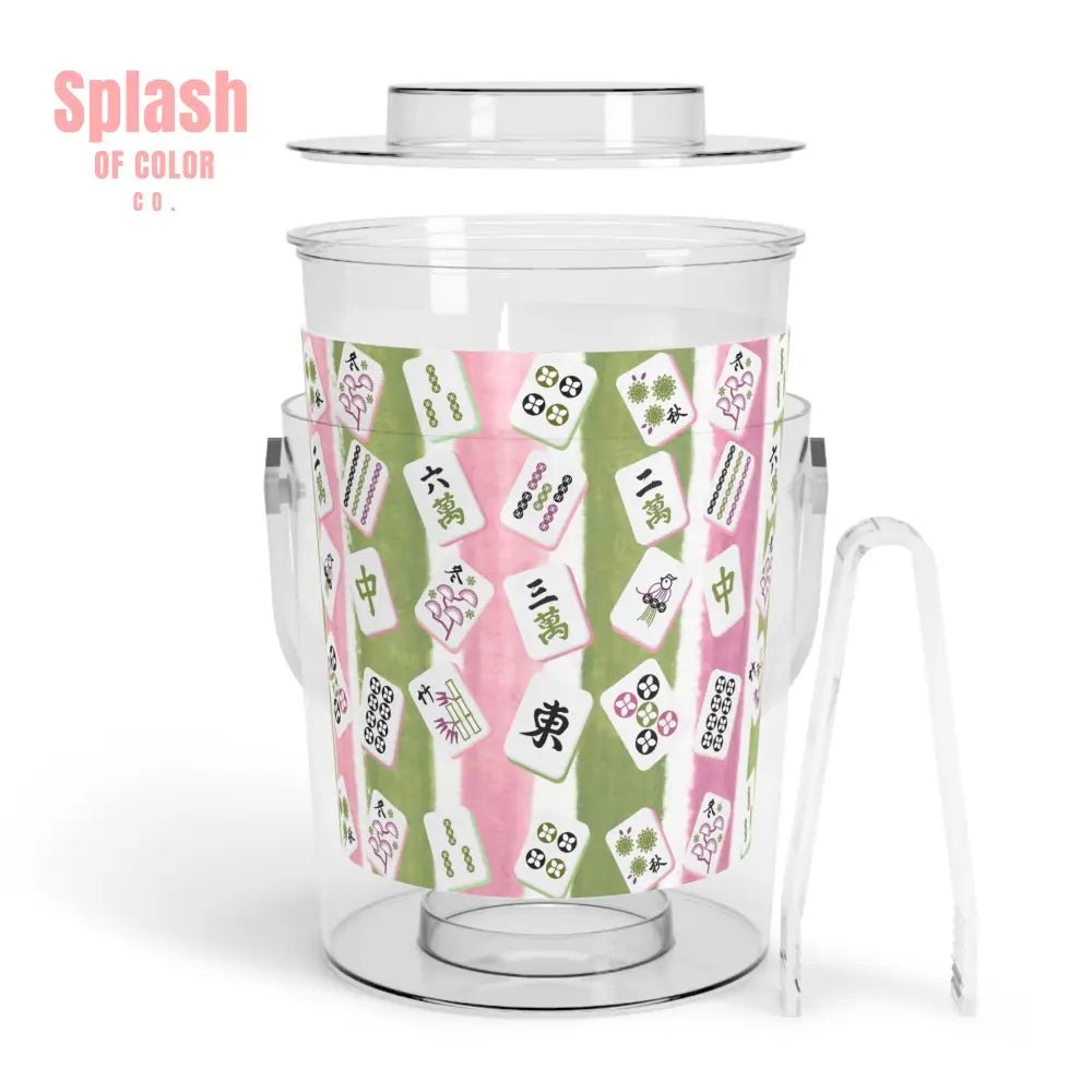 Mahjong Ice Bucket Charming Ice Bucket with Tongs for Parties Green Pink Striped Mahj Tiles Drink Cooler One Size