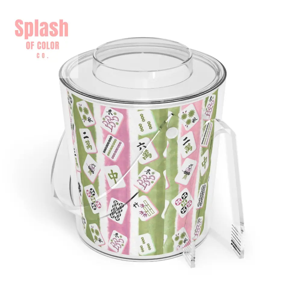 Mahjong Ice Bucket Charming Ice Bucket with Tongs for Parties Green Pink Striped Mahj Tiles Drink Cooler One Size