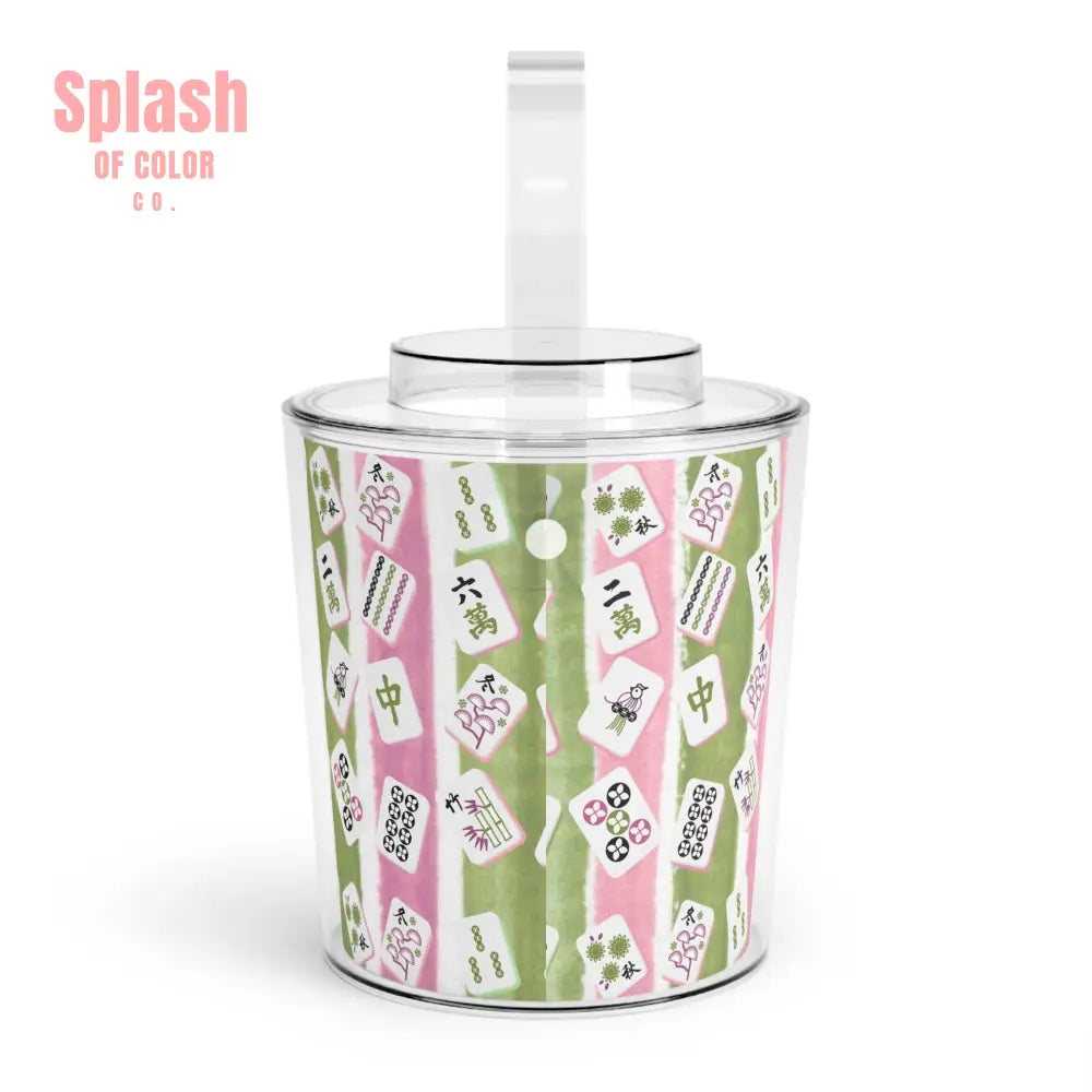 Mahjong Ice Bucket Charming Ice Bucket with Tongs for Parties Green Pink Striped Mahj Tiles Drink Cooler One Size