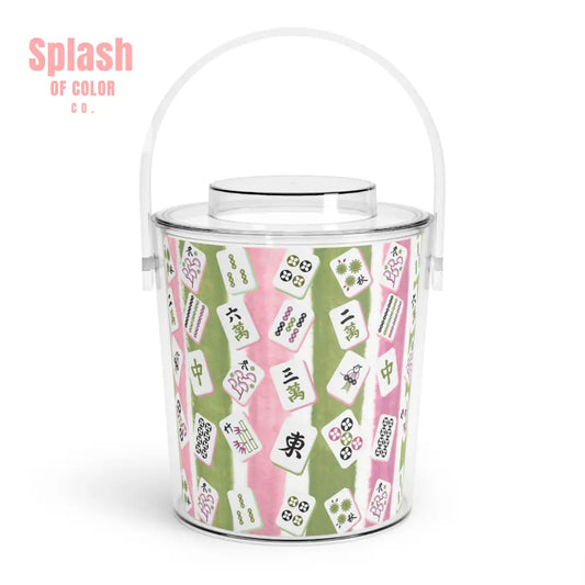 Mahjong Ice Bucket Charming Ice Bucket with Tongs for Parties Green Pink Striped Mahj Tiles Drink Cooler One Size