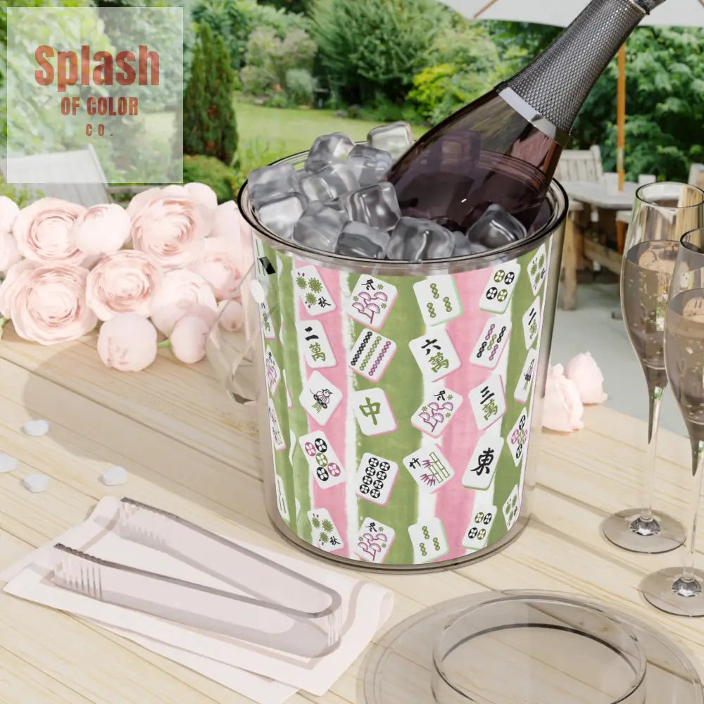 Mahjong Ice Bucket Charming Ice Bucket with Tongs for Parties Green Pink Striped Mahj Tiles Drink Cooler One Size
