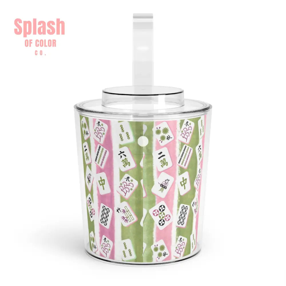 Mahjong Ice Bucket Charming Ice Bucket with Tongs for Parties Green Pink Striped Mahj Tiles Drink Cooler One Size