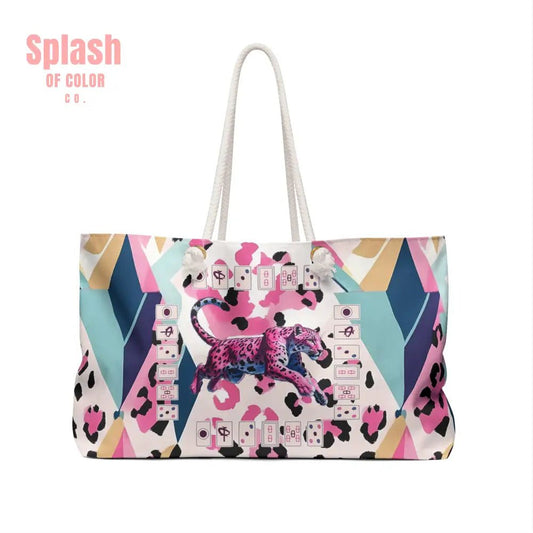 Mahjong Leopard Tile Bag Weekender Bag - Preppy Watercolor Blue Pink Purple Black Boho Travel Tote Beach Bag Mahj Lover