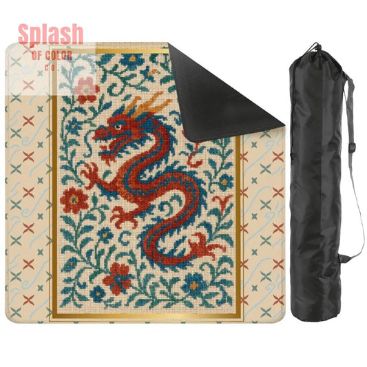 Asian Chinoiserie Dragon Embroidery Mahjong Mat, Faux Needle Point Mahj Mat - Splash of Color co.