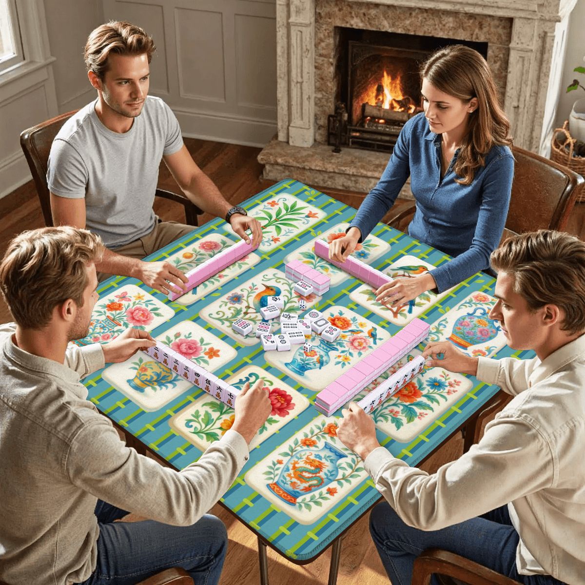 Mahjong Mat Asian Bamboo Background Floral Mahjong Tile Mahj Mat - 31.5’’x31.5’’ - Daily Accessories