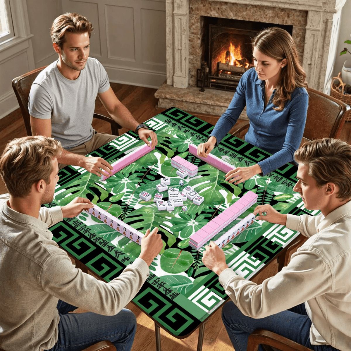 Mahjong Mat Black And Green Tropical Asian Border Mahj Mat - 31.5’’x31.5’’ - Daily Accessories