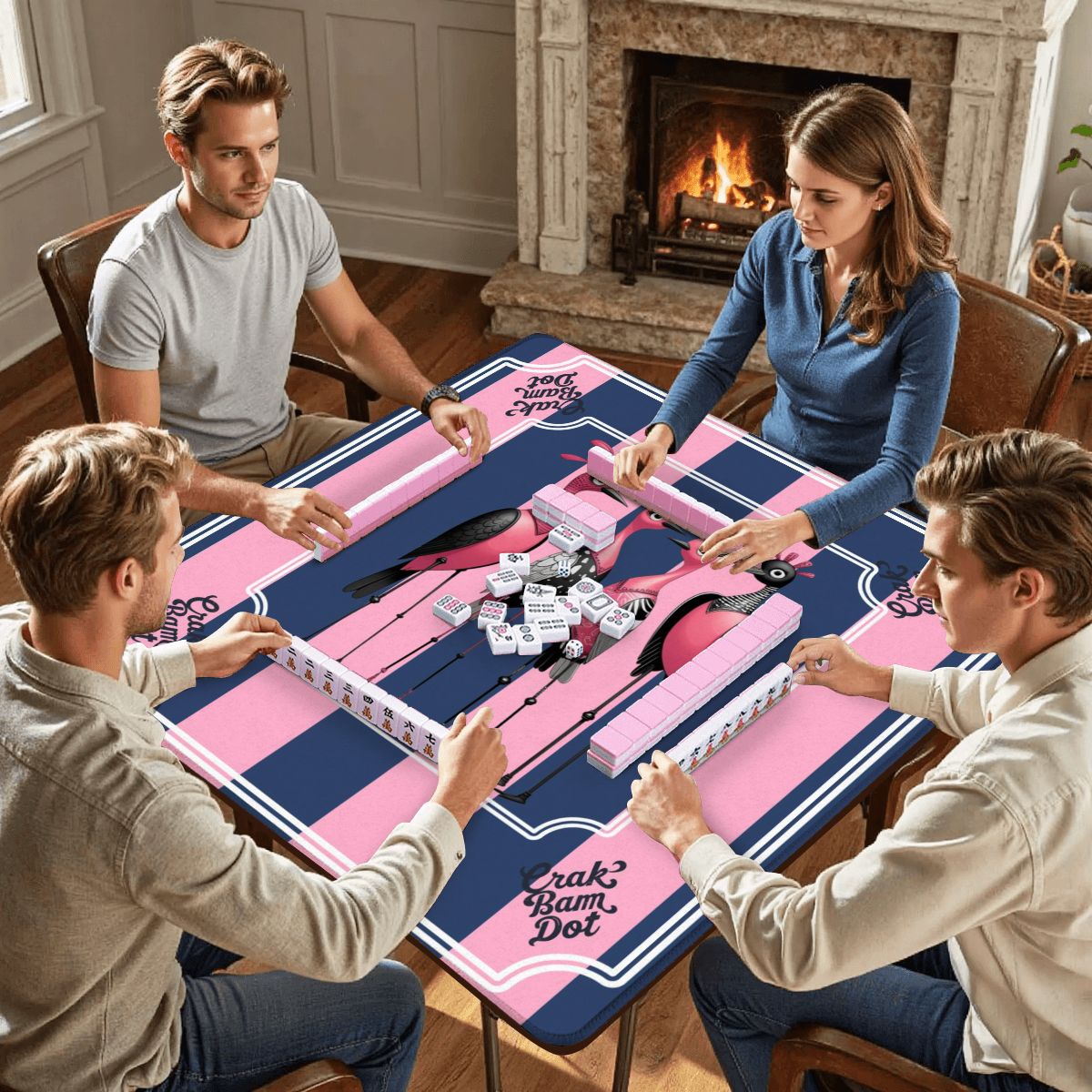 Mahjong Mat Blue Pink Striped Quirky Mahjong Bird Queens - 31.5’’x31.5’’ - Daily Accessories