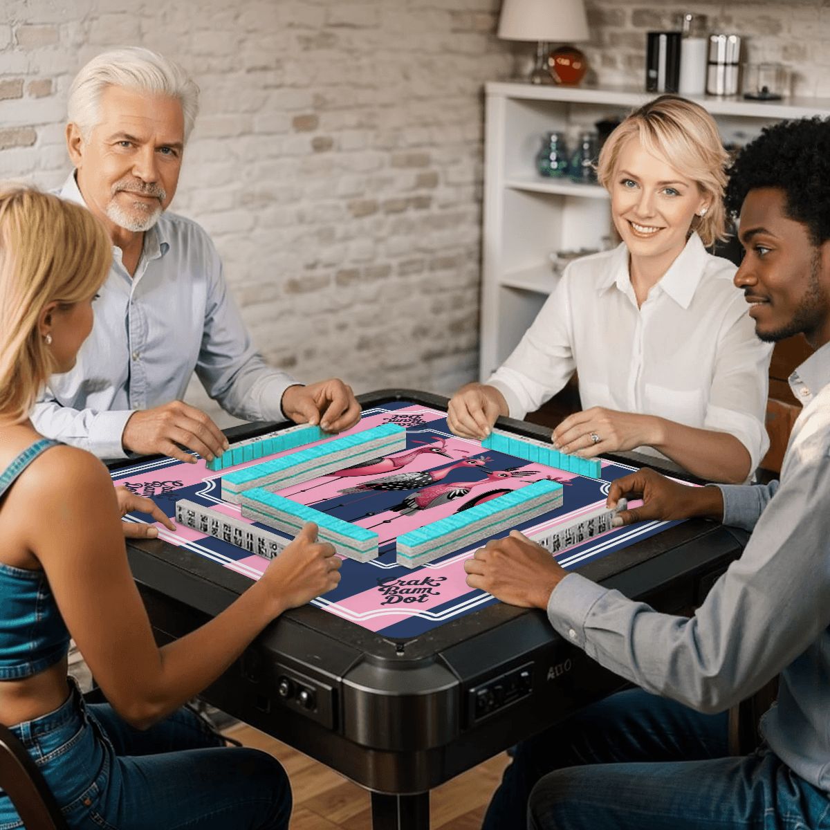 Mahjong Mat Blue Pink Striped Quirky Mahjong Bird Queens - 31.5’’x31.5’’ - Daily Accessories