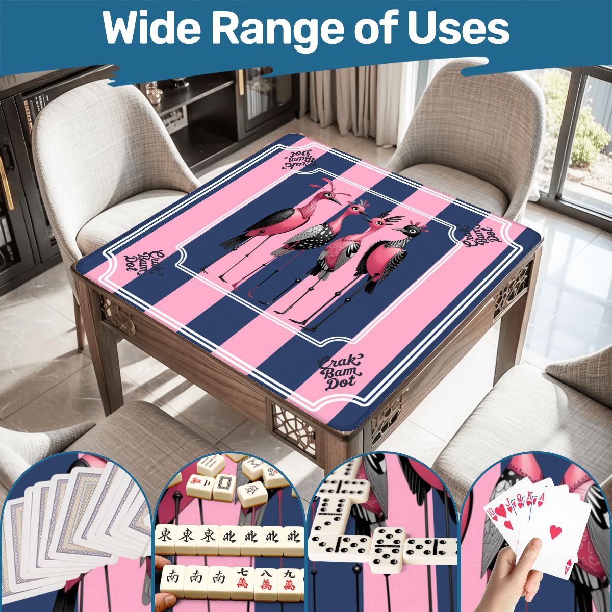 Mahjong Mat Blue Pink Striped Quirky Mahjong Bird Queens - 31.5’’x31.5’’ - Daily Accessories