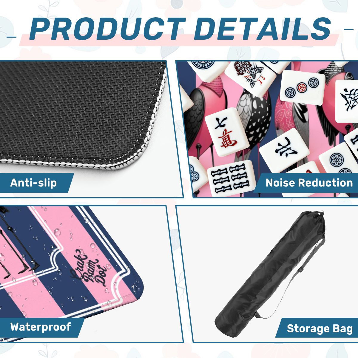 Mahjong Mat Blue Pink Striped Quirky Mahjong Bird Queens - 31.5’’x31.5’’ - Daily Accessories