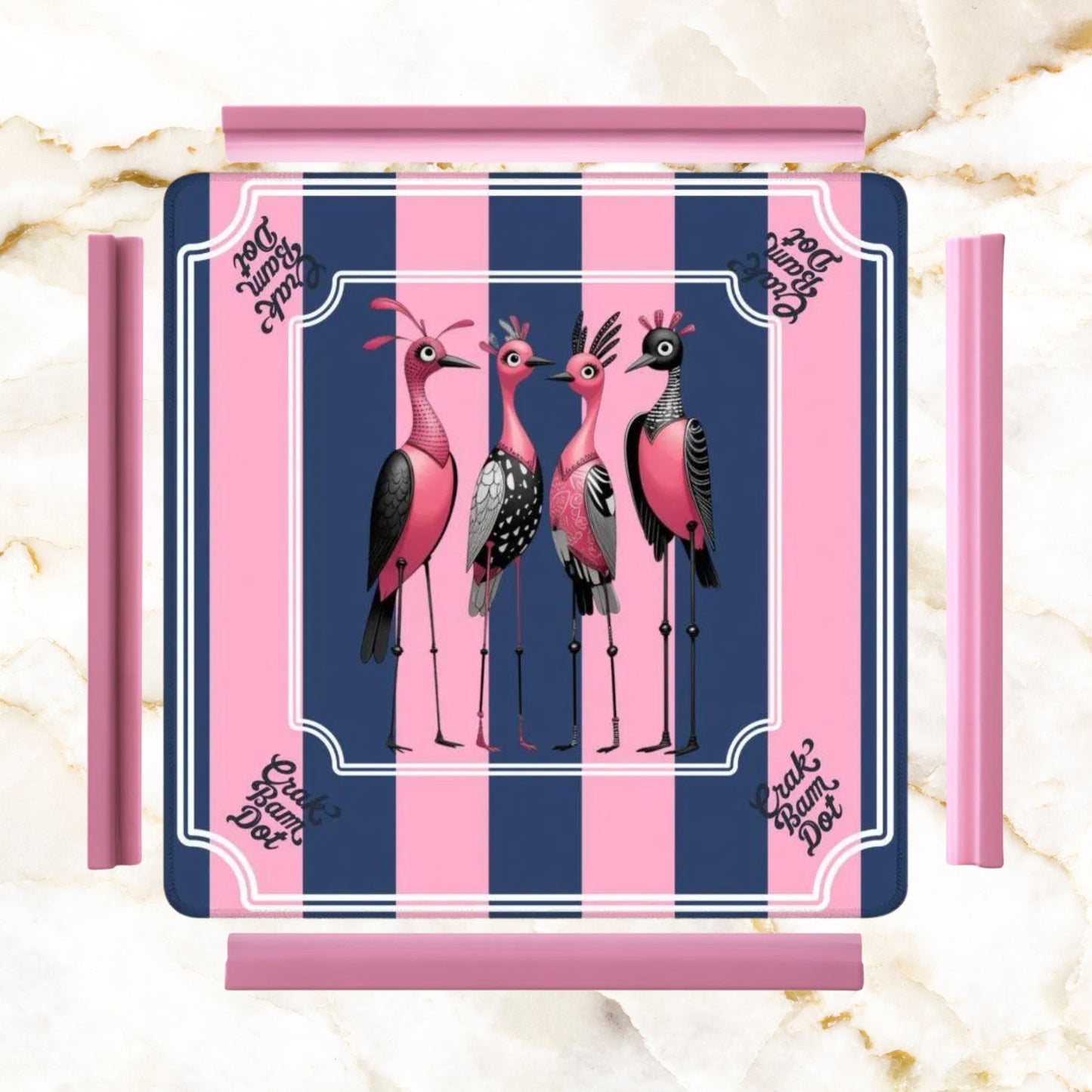 Mahjong Mat Blue Pink Striped Quirky Mahjong Bird Queens - 31.5’’x31.5’’ - Daily Accessories