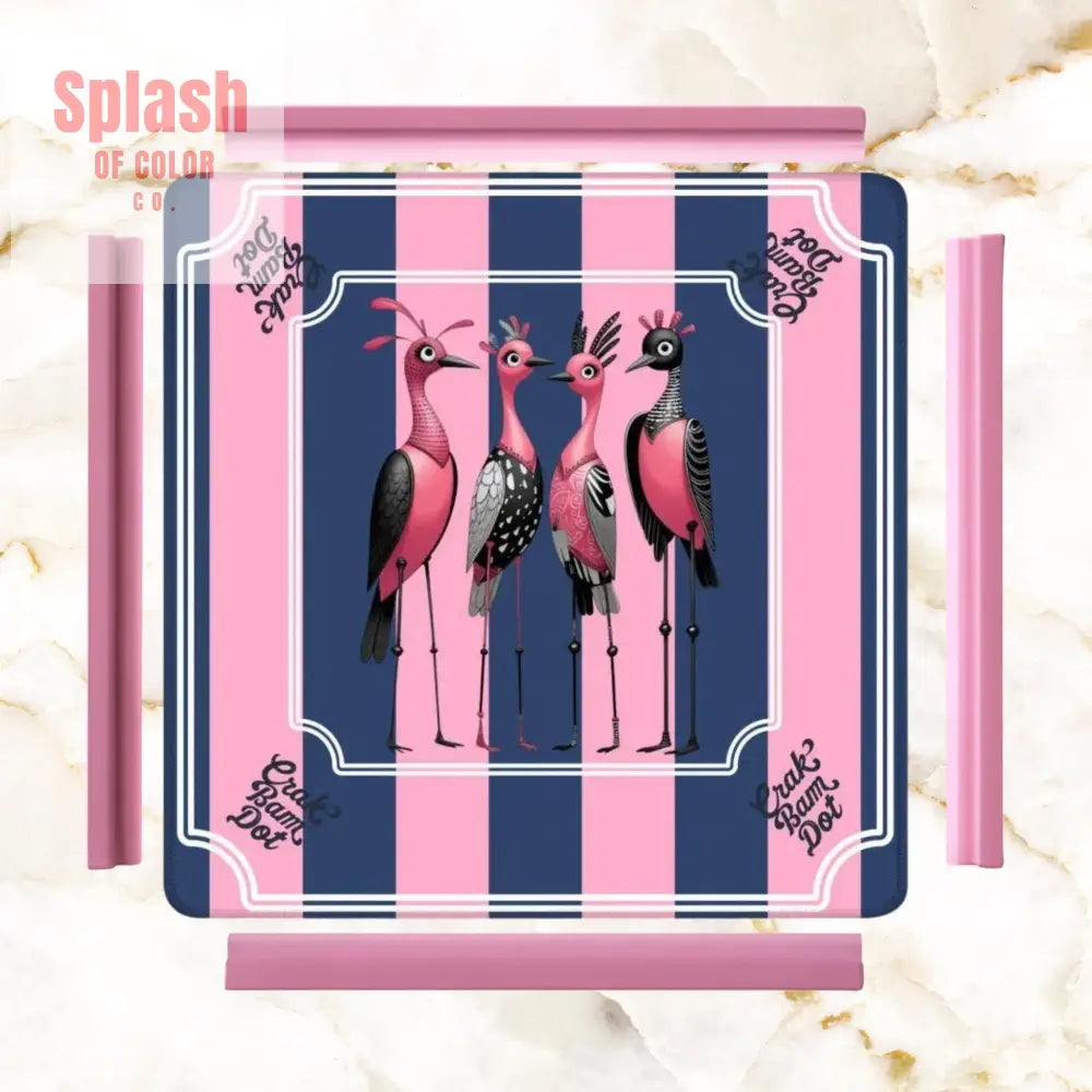 Mahjong Mat Blue Pink Striped Quirky Mahjong Bird Queens - 31.5’’x31.5’’ - Daily Accessories