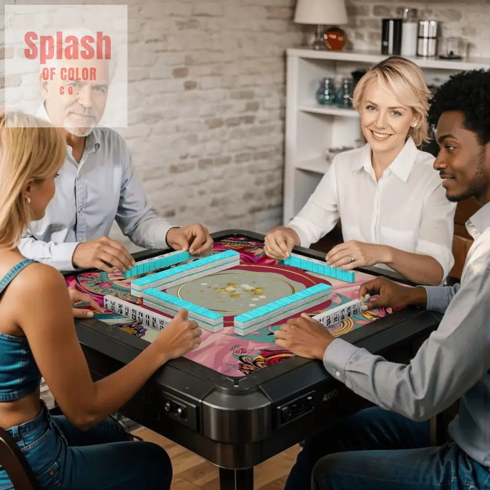 Mahjong Mat Bohemian Jeweled Tones, Fusia, Pink, Teal Maroon Watercolor Mahj Game Night Mat - Splash of Color co.