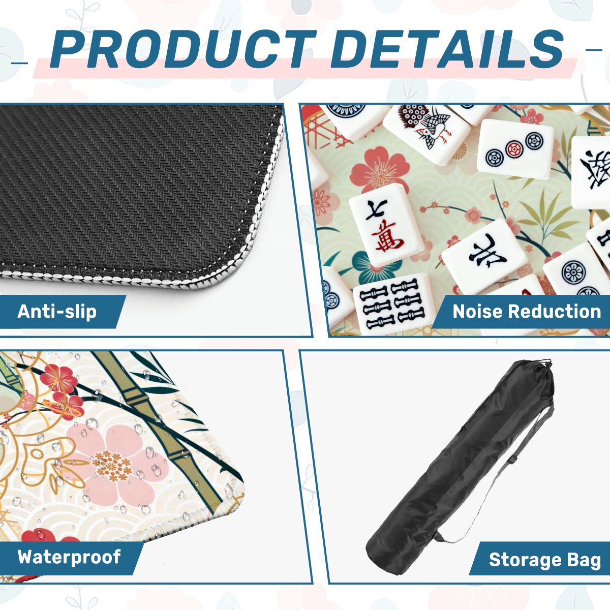 Mahjong Mat Cherry Blossom Asian Designed Floral Bamboo Mahj Game Mat - 31.5’’x31.5’’ - Daily Accessories