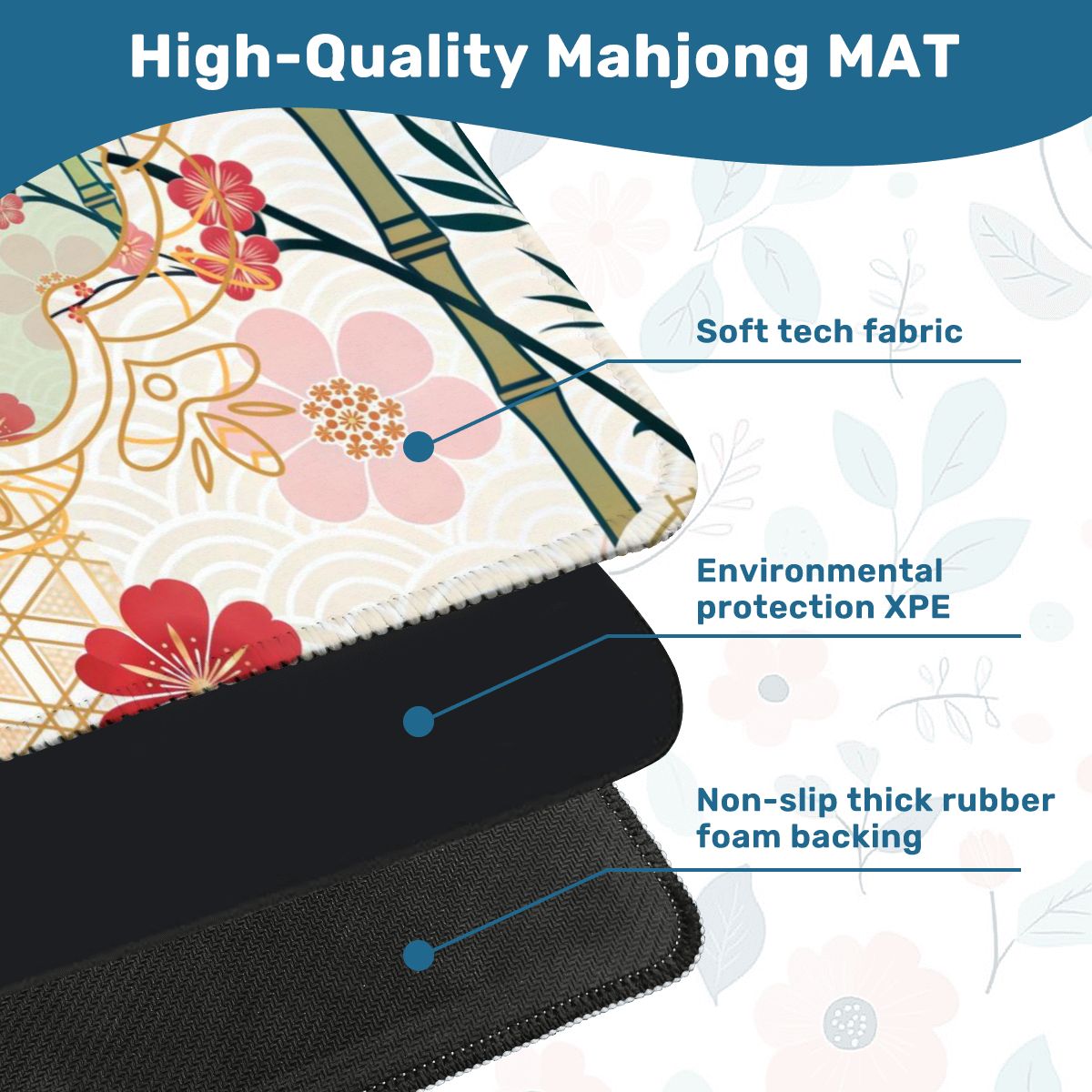 Mahjong Mat Cherry Blossom Asian Designed Floral Bamboo Mahj Game Mat - 31.5’’x31.5’’ - Daily Accessories