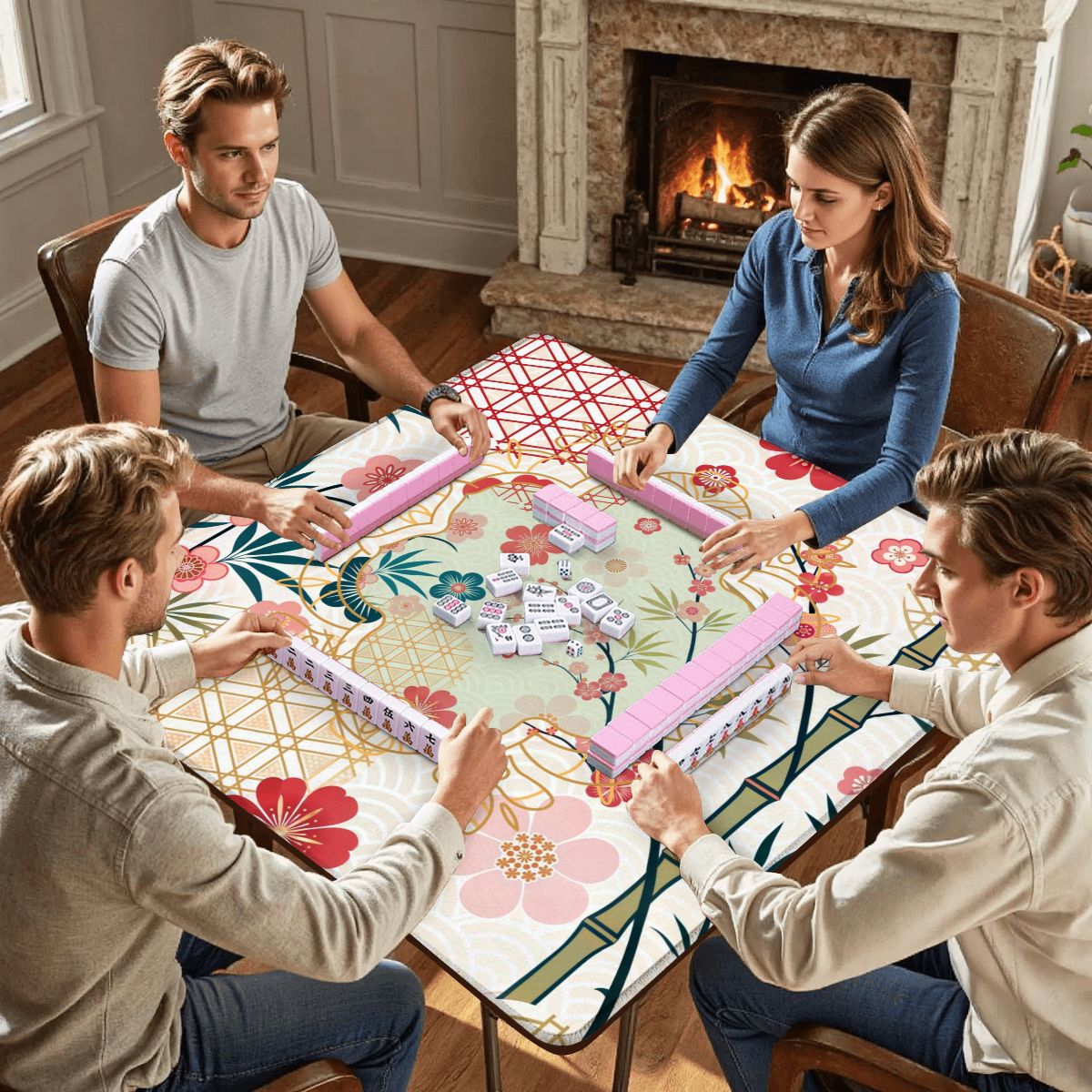 Mahjong Mat Cherry Blossom Asian Designed Floral Bamboo Mahj Game Mat - 31.5’’x31.5’’ - Daily Accessories