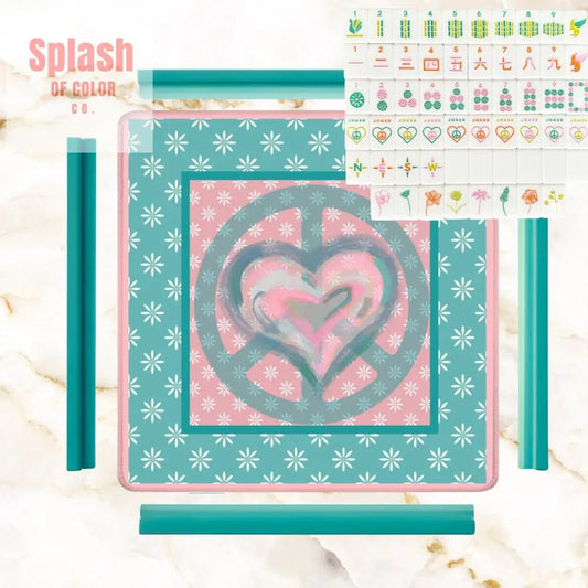 Mahjong Mat Daisy Flower Pink, Teal Peace And Love Mahj Game Mat - Splash of Color co.