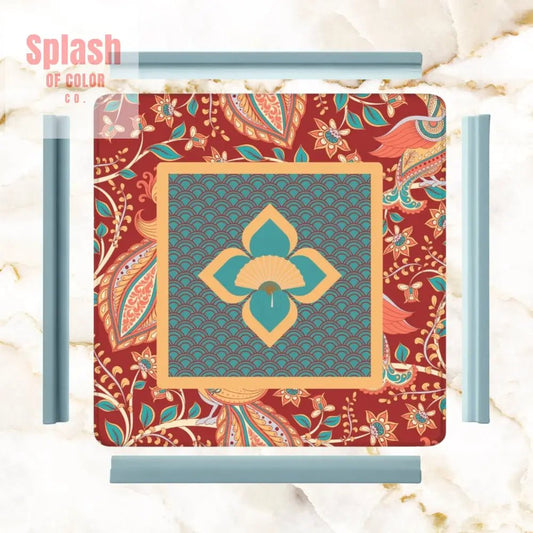 Mahjong Mat Floral Mandarin Asian Zen, Teal, Coral, Rust Mahj Game Mat - Splash of Color co.