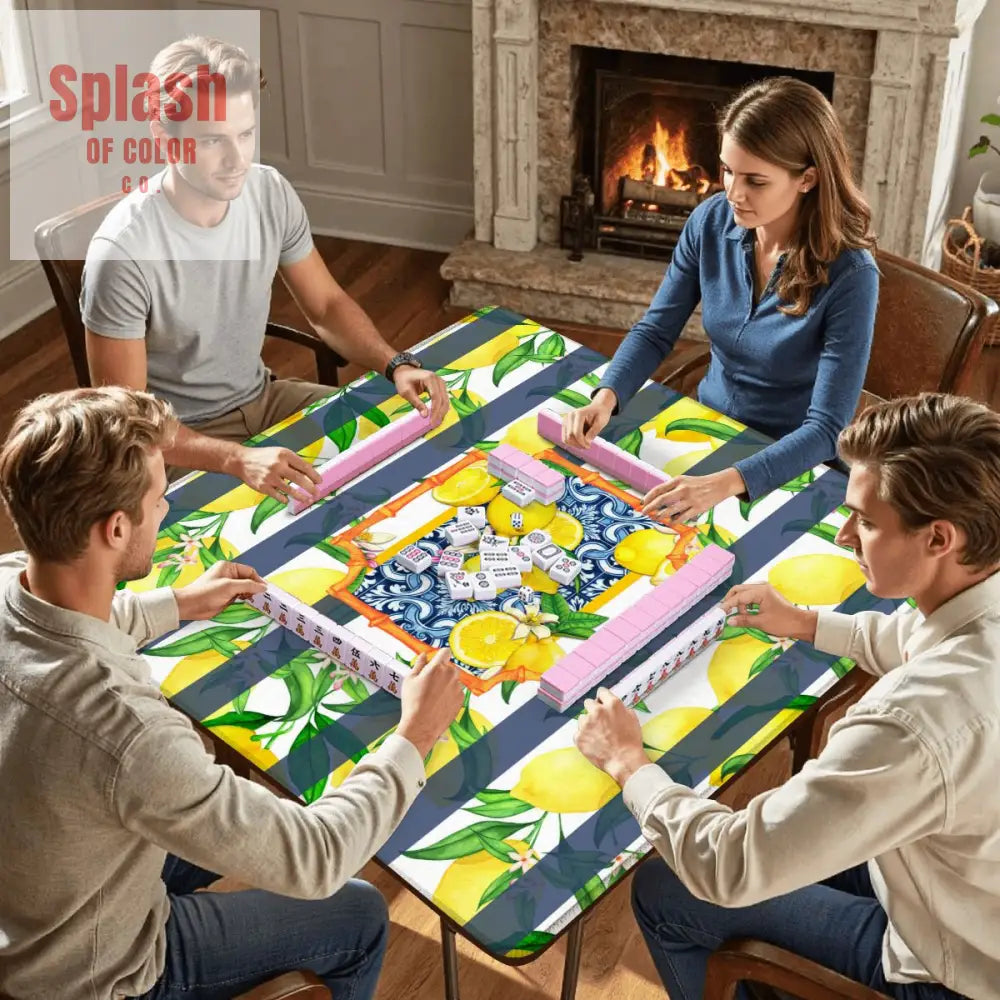 Mahjong Mat Lemon Zest Preppy Blue Striped Lemon Mahj Mat 31.5’’x31.5’’ Daily Accessories