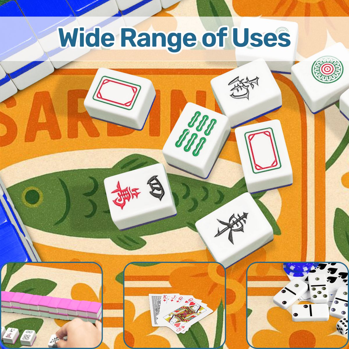 Mahjong Mat Nautical Quirky Sardine Tinned Fish Lover Orange Green Floral Mahj Game Night Mat - 31.5’’x31.5’’ - Daily