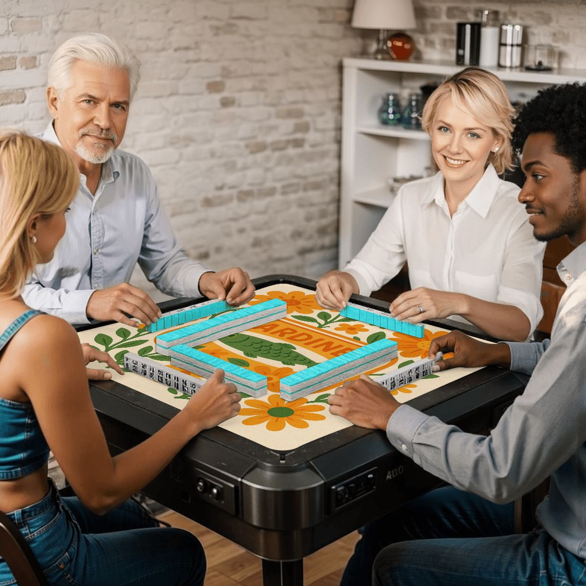 Mahjong Mat Nautical Quirky Sardine Tinned Fish Lover Orange Green Floral Mahj Game Night Mat - 31.5’’x31.5’’ - Daily