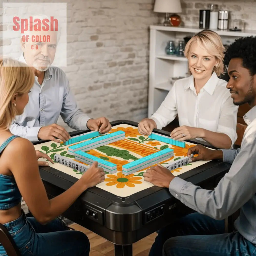 Mahjong Mat Nautical Quirky Sardine Tinned Fish Lover Orange Green Floral Mahj Game Night Mat - 31.5’’x31.5’’ - Daily