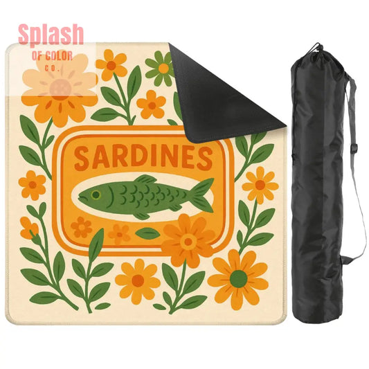 Mahjong Mat Nautical Quirky Sardine Tinned Fish Lover Orange Green Floral Mahj Game Night Mat - 31.5’’x31.5’’ - Daily