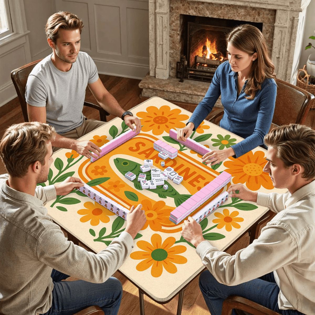 Mahjong Mat Nautical Quirky Sardine Tinned Fish Lover Orange Green Floral Mahj Game Night Mat - 31.5’’x31.5’’ - Daily