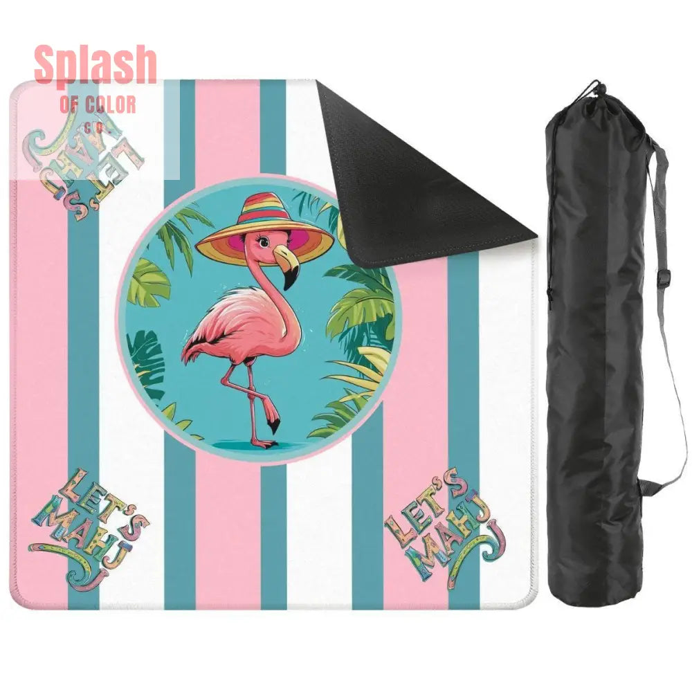 Mahjong Mat Palm Beach Florida Flamingo Whimsical Pink Teal Striped Let’s Mahj Game Mat - 31.5’’x31.5’’