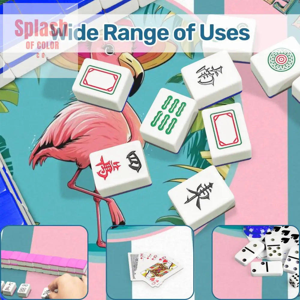 Mahjong Mat Palm Beach Florida Flamingo Whimsical Pink Teal Striped Let’s Mahj Game Mat - 31.5’’x31.5’’