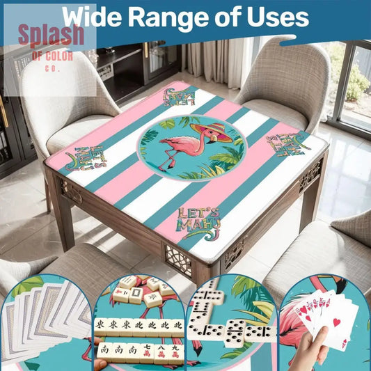 Mahjong Mat Palm Beach Florida Flamingo Whimsical Pink Teal Striped Let’s Mahj Game Mat - 31.5’’x31.5’’