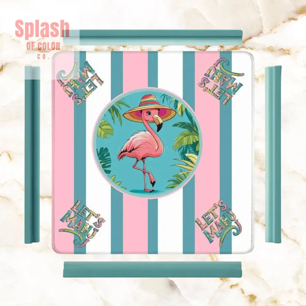 Mahjong Mat Palm Beach Florida Flamingo Whimsical Pink Teal Striped Let’s Mahj Game Mat - 31.5’’x31.5’’